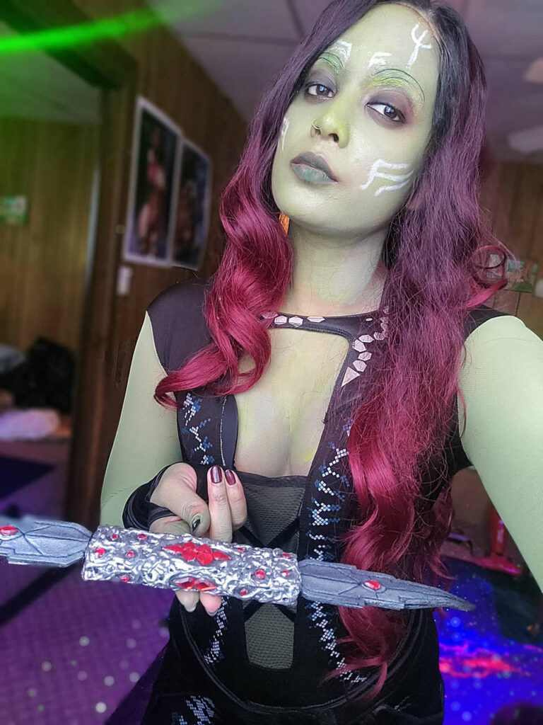 Gamora Cosplay With Foam Prop Made Out Of Popsicle Sticks