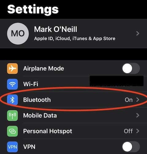iPhone の[設定]ウィンドウの Bluetooth