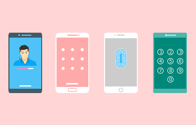 ログイン画面の種類が異なる 4 台の iPhone のイラスト