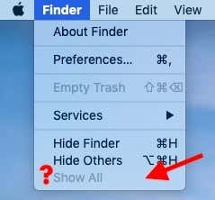 Finder メニューの[すべて表示]オプションはデフォルトで非表示になっています