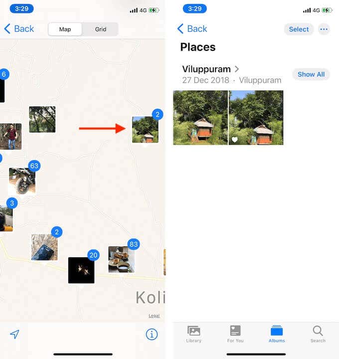 特定の場所で撮影した写真のプレビュー