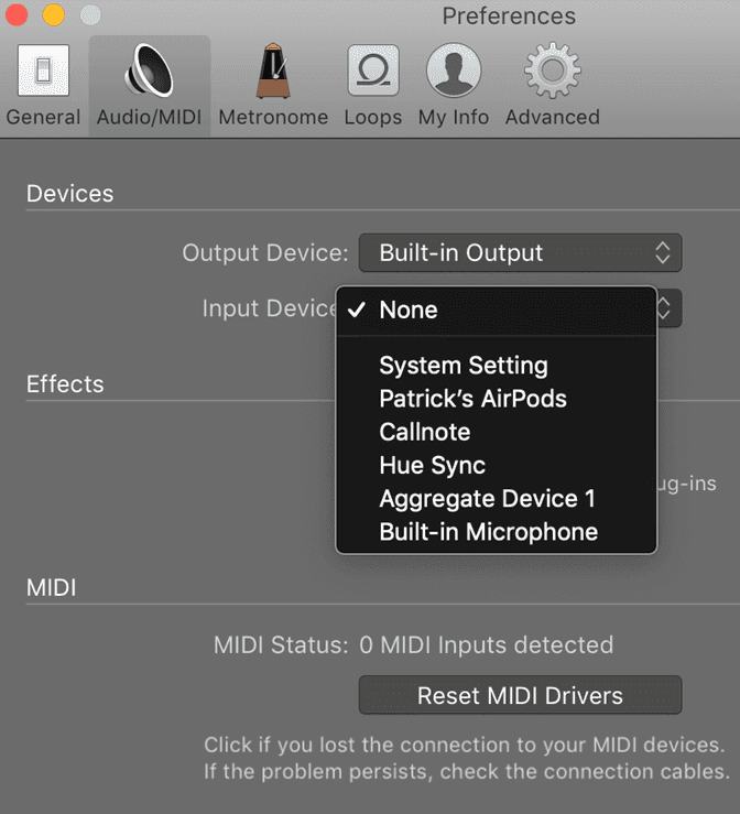 GarageBand 環境設定のオーディオ/MIDI ウィンドウで、追加したデバイス 1 を入力デバイスとして選択します。