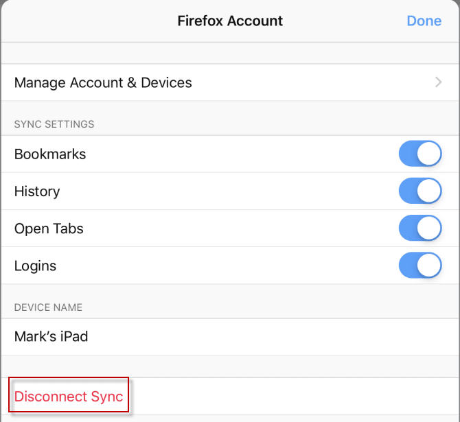 [同期の切断]が強調表示された Firefox アカウント