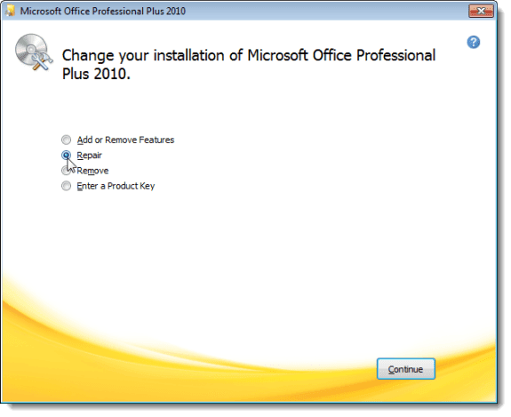 Microsoft Office 2010 のインストールを修復することを選択します