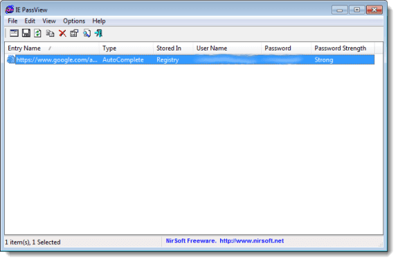 IE PassView メイン ウィンドウ