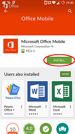 Android、Microsoft、Office、Word、Excel、PowerPoint、Google、Play、アプリケーション、インストール、構成