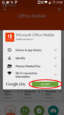 Android、Microsoft、Office、Word、Excel、PowerPoint、Google、Play、アプリケーション、インストール、構成