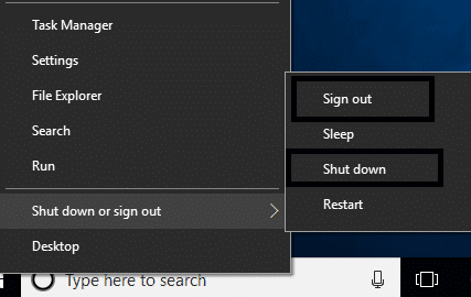 Windows の左下ペインの画面を右クリックし、[シャットダウン]または[サインアウト]のオプションを選択します。
