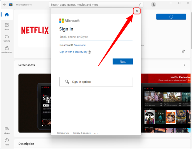 [Microsoft アカウントにサインイン]ポップアップを閉じます