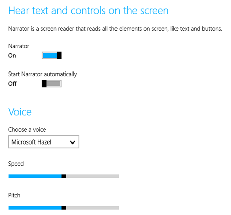 Windows 8.1、ナレーター、PC 設定、タッチ デバイス