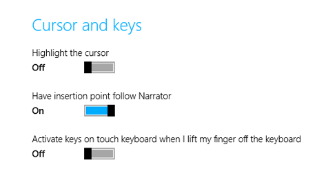 Windows 8.1、ナレーター、PC 設定、タッチ デバイス
