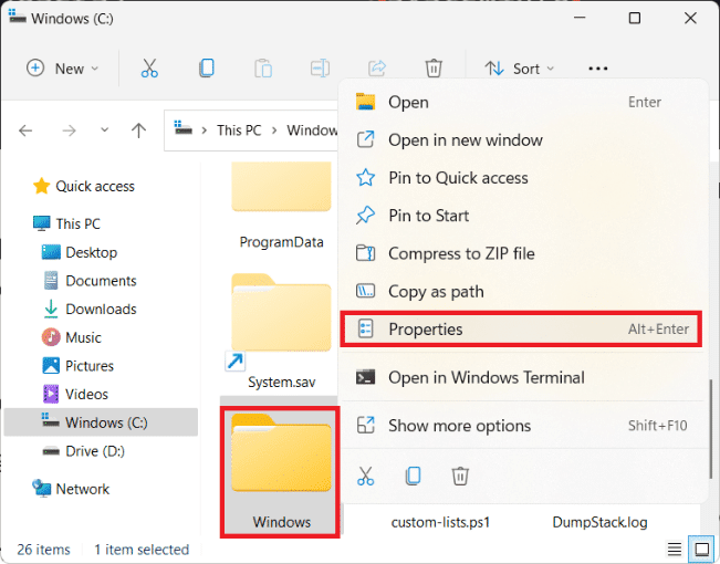 Windows フォルダーを右クリックし、[プロパティ Windows 11]を選択します。