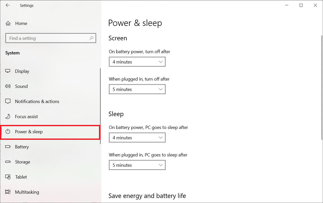左パネルで電源とスリープを選択します