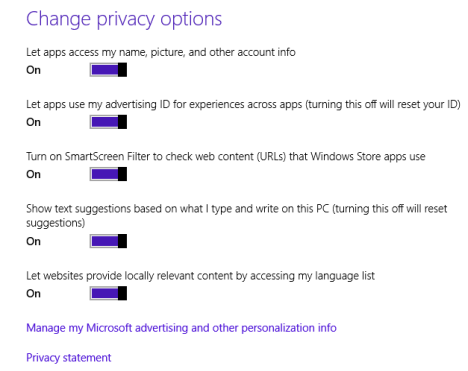 Windows 8.1、プライバシー、設定、場所