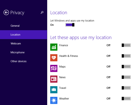 Windows 8.1、プライバシー、設定、場所