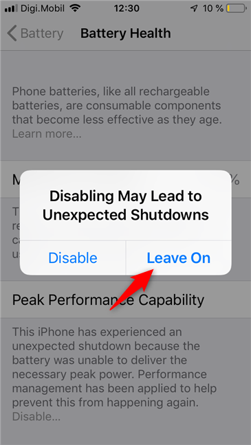 iPhone でピーク パフォーマンス機能を無効にする
