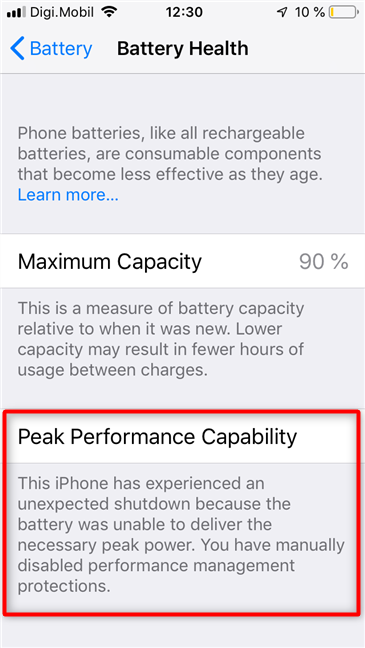 iPhone で無効になっているピーク パフォーマンス機能