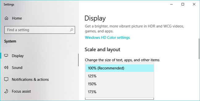 Windows 10 設定で利用可能なスケーリング オプション