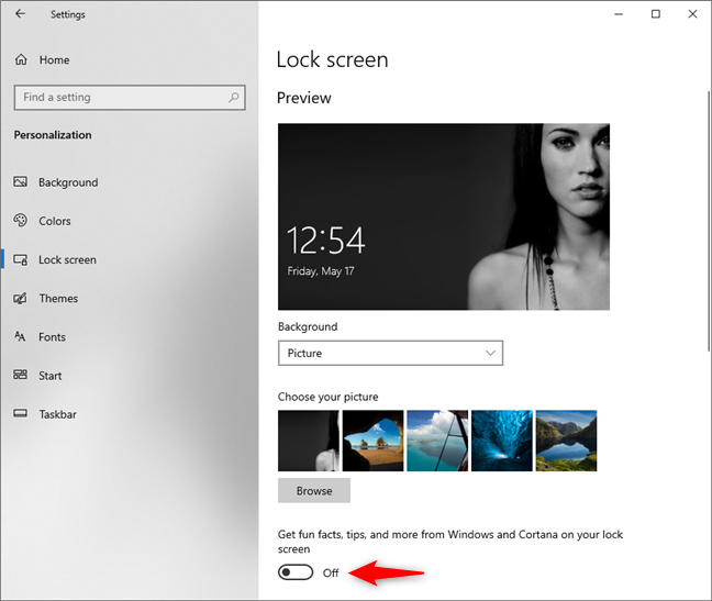 ロック画面で Windows と Cortana から興味深い情報やヒントなどを入手できます