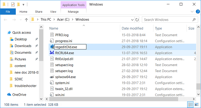 regedit.exe を検索して名前を regeditOld.exe に変更し、エクスプローラーを閉じます。