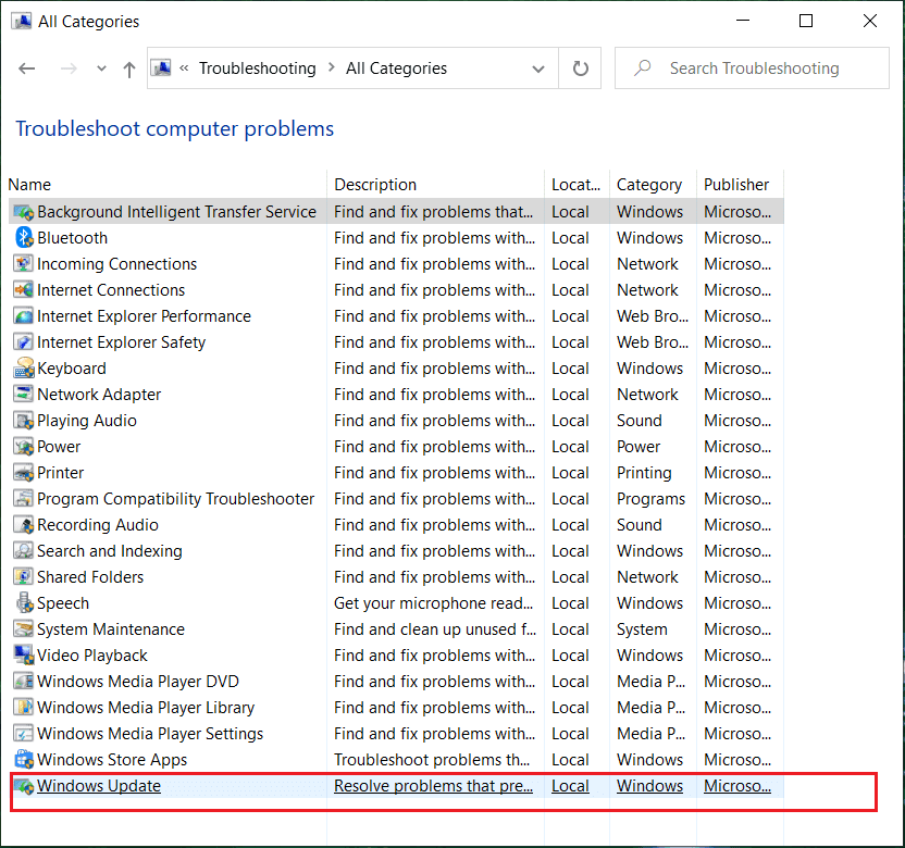 [コンピューターの問題のトラブルシューティング]リストで、[Windows Update]を選択します。