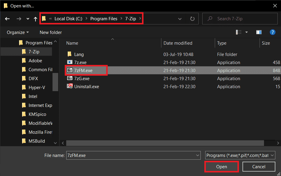 C:\Program Files\7-Zip を参照し、7zFM.exe を選択して[開く]をクリックします。