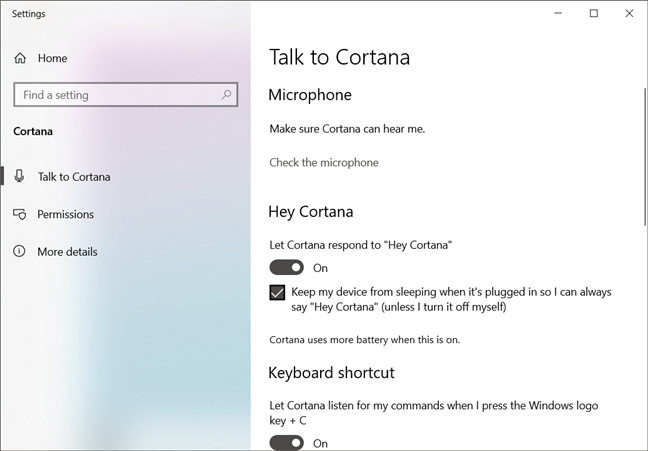 Windows 10 設定の[Cortana に話しかける]ページ