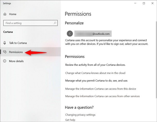 Windows 10 の Cortana 設定のアクセス許可ページ