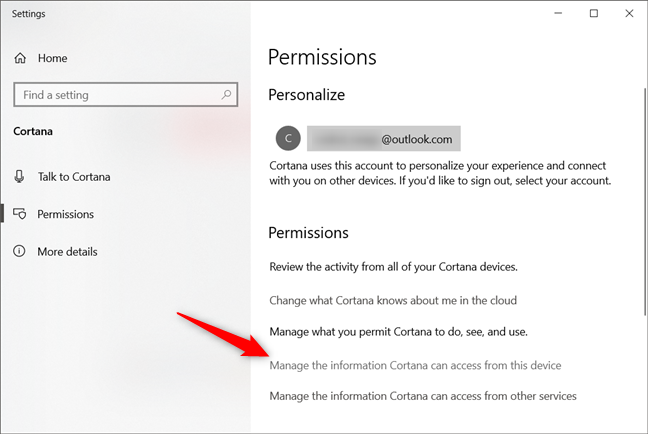 Cortana がこのデバイスからアクセスできる情報を管理します