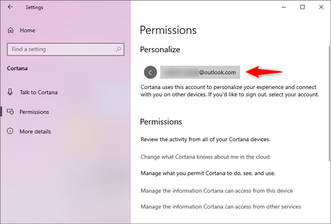 Cortana へのサインインに使用する Microsoft アカウント