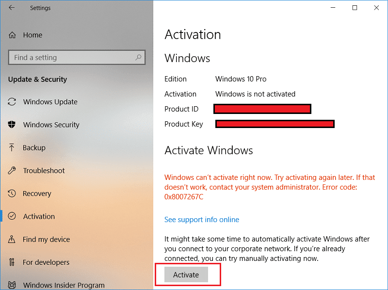 [Windows のアクティブ化]の下にある[アクティブ化]をクリックします。