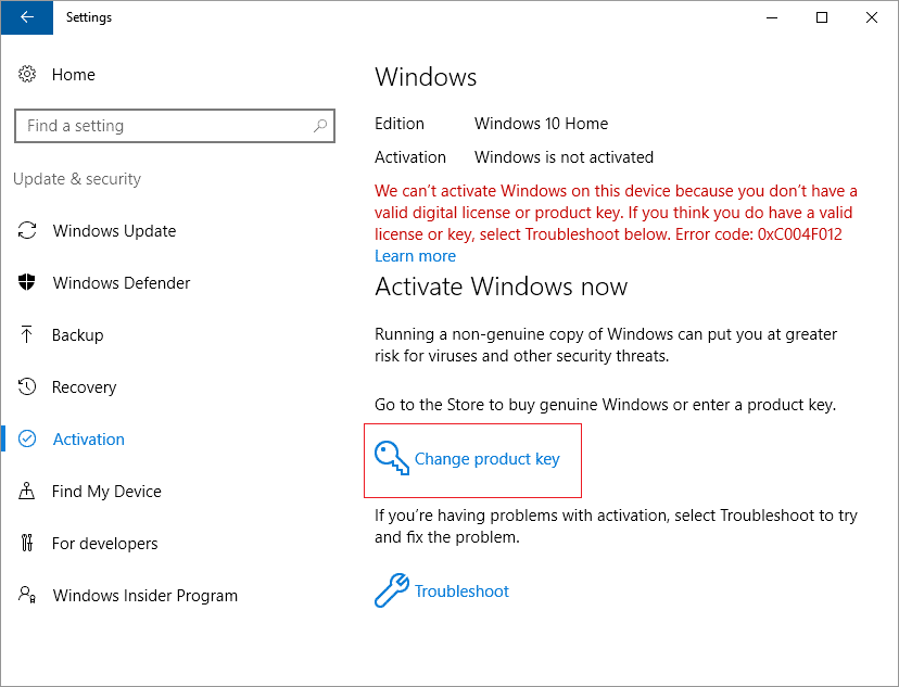 有効なデジタル ライセンスまたはプロダクト キーがないため、このデバイスで Windows をライセンス認証できません