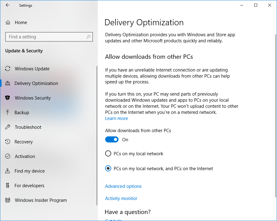他の PC から更新プログラムをダウンロードするように Windows 10 をセットアップする