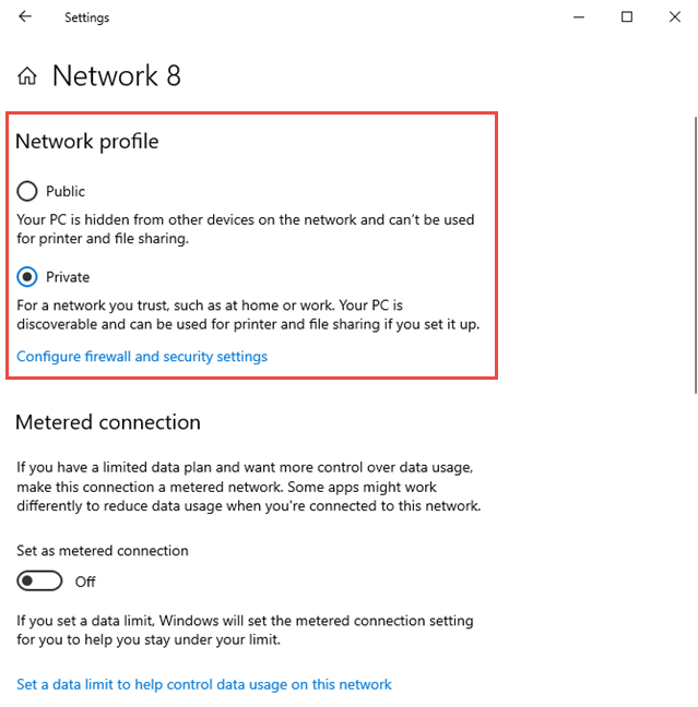 Windows 10 のネットワーク プロファイル