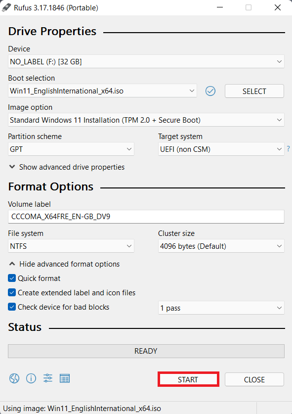 Rufus の開始オプション | Windows 11 用の起動可能な USB ドライブを作成する方法
