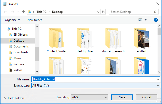 ファイルに Disable_Auto.bat という名前を付けて、フォルダーへの自動編成を無効にします