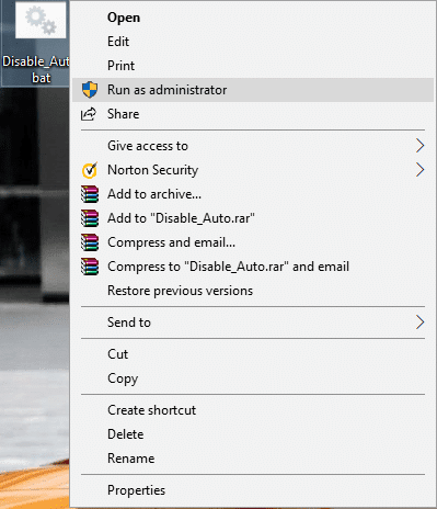 Disable_Auto.bat ファイルを右クリックし、[管理者として実行]を選択します。  Windows 10 で自動フォルダー編成を無効にする