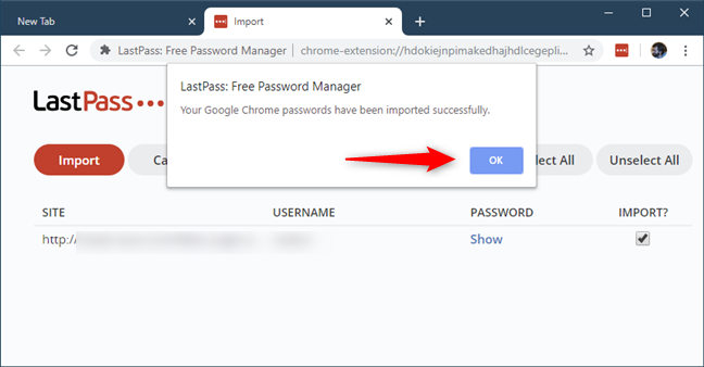 パスワードが正常にインポートされたことを LastPass から確認