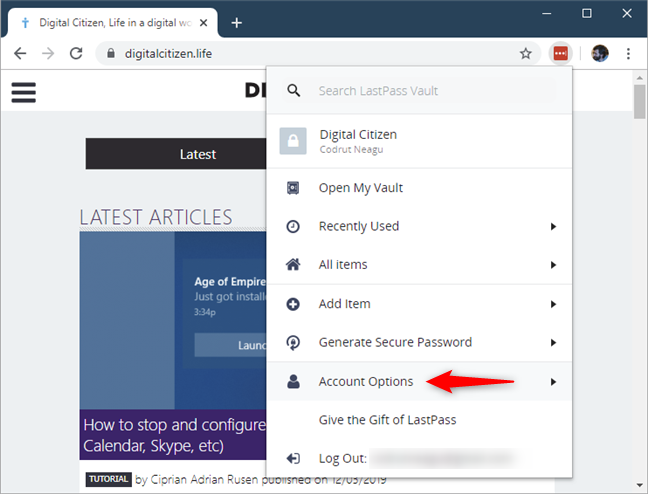 LastPass アカウント オプション エントリ