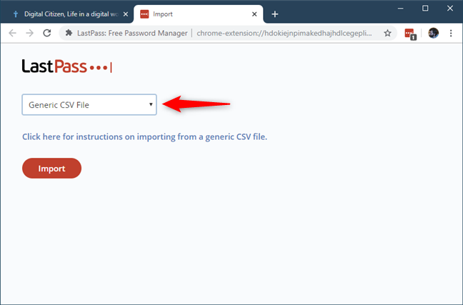 CSV ファイルからパスワードをインポートすることを選択します