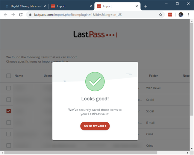 インポートが完了したことを LastPass から確認
