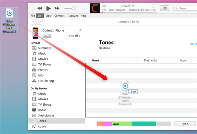 カスタム着信音を iTunes の[着信音]セクションにドラッグ アンド ドロップします。