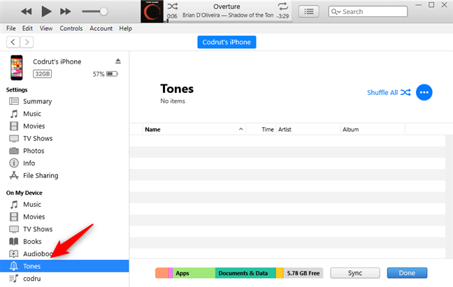 On My Device リストの Tones セクション