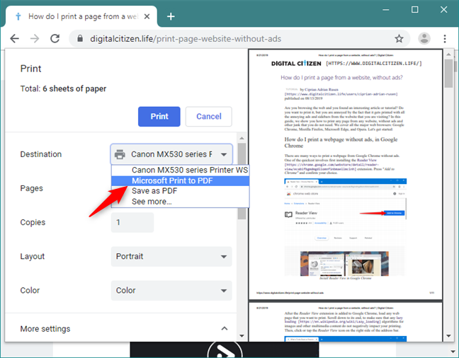 Google Chrome で Microsoft Print To PDF プリンターを選択する