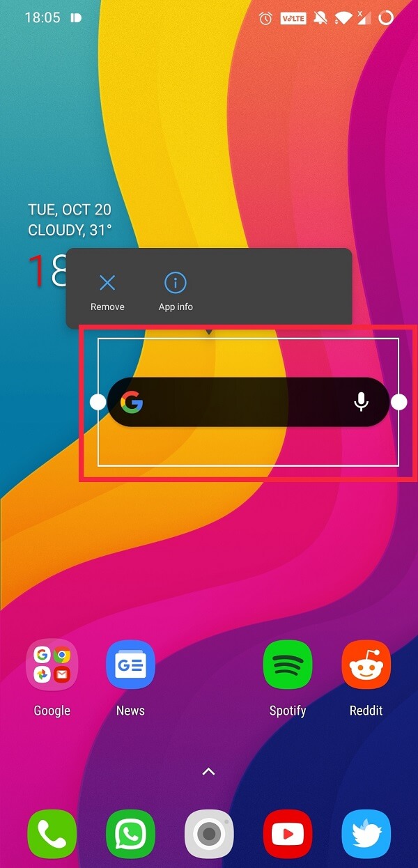 Google 検索バーをホーム画面の別の場所に移動するには、ウィジェットを長押しします