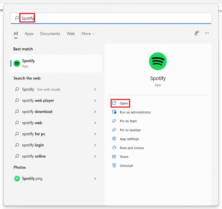 Spotify のスタート メニューの検索結果。 Windows 11でSpotifyが自動的に起動しないようにする方法