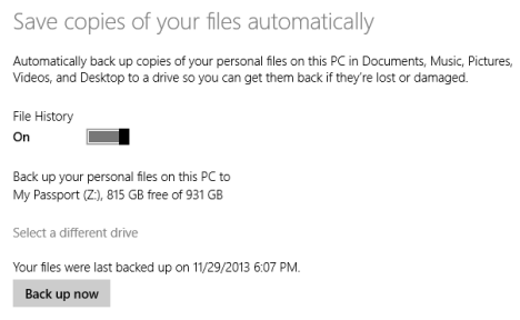 Windows 8.1、データバックアップ、ファイル履歴、電源オン、PC 設定
