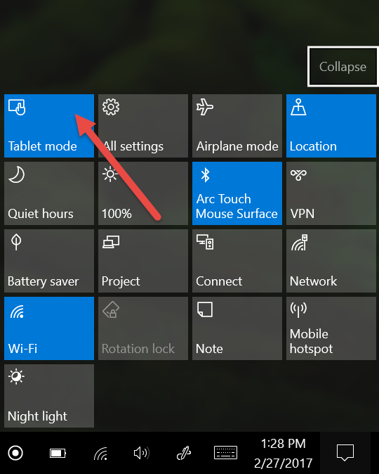 Windows 10、スタート メニュー、タブレット モード、全画面表示
