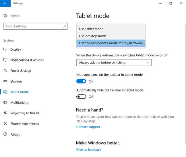 Windows 10、スタート メニュー、タブレット モード、全画面表示