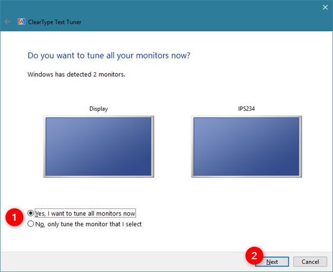 ClearType テキスト チューナーは、PC に接続されているモニターを識別します。
